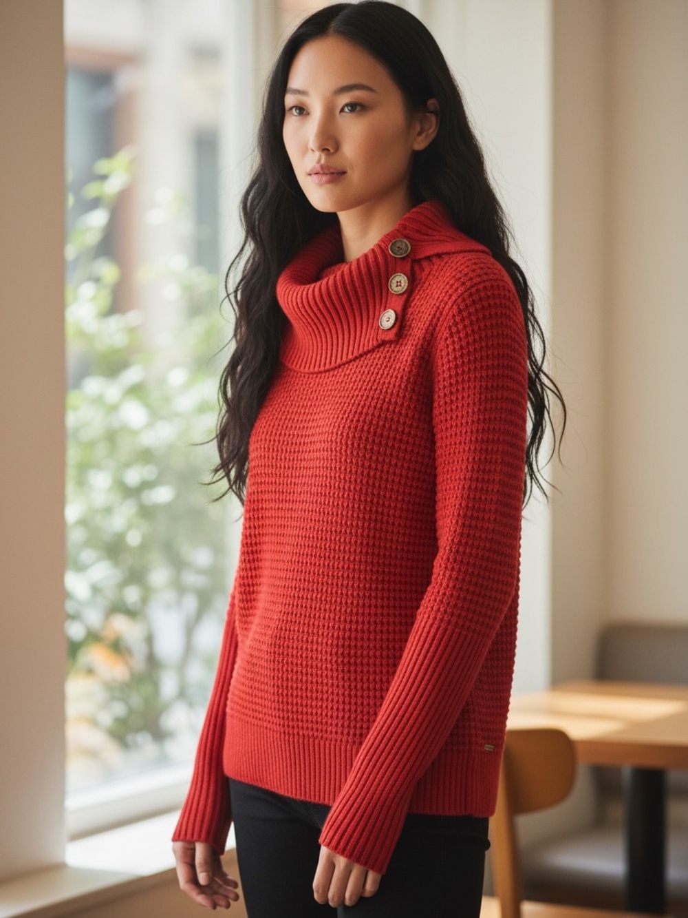 Calvin Klein Red Button-Trim Cowl Neck Sweater